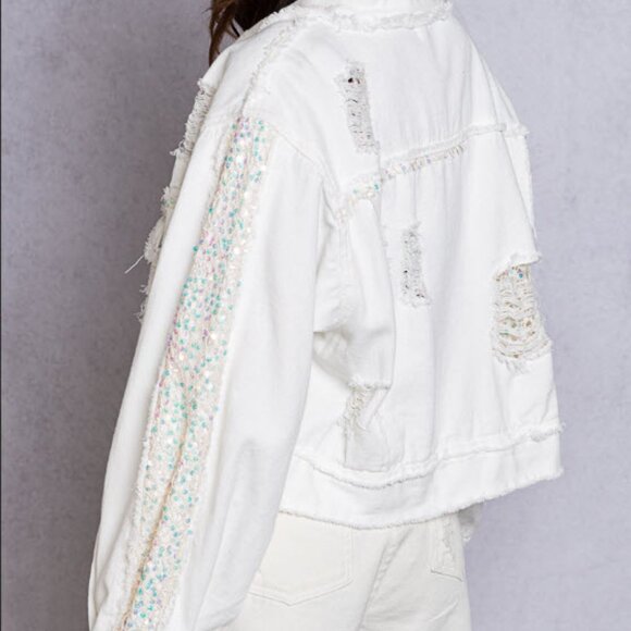 Distressed Denim Jacket with Sequined Details - Picture 7 of 17